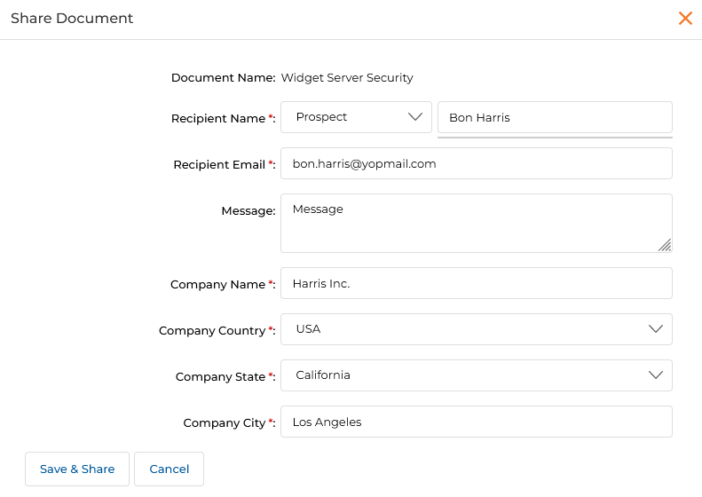 Share Document Add as New form showing Bon Harris, bon.harris@yopmail.com, Harris Inc., USA, California, Los Angeles fields with Save and Share button