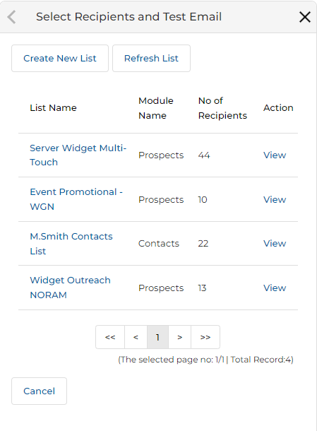 Select Recipients and Test Email section showing TestList selected with 2 Prospects and Send Test Email button highlighted