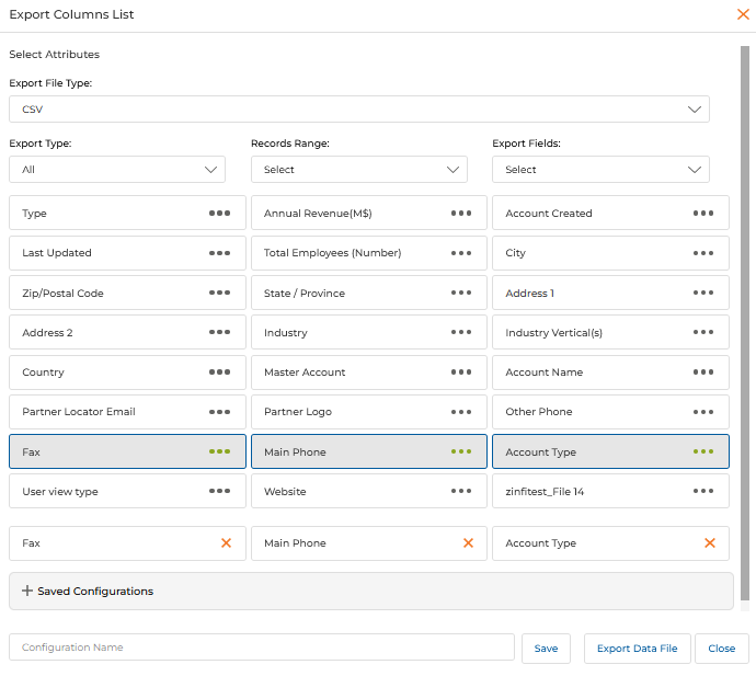 Export Columns List — Export File Type, Export Type, Records Range, and Export Fields dropdowns