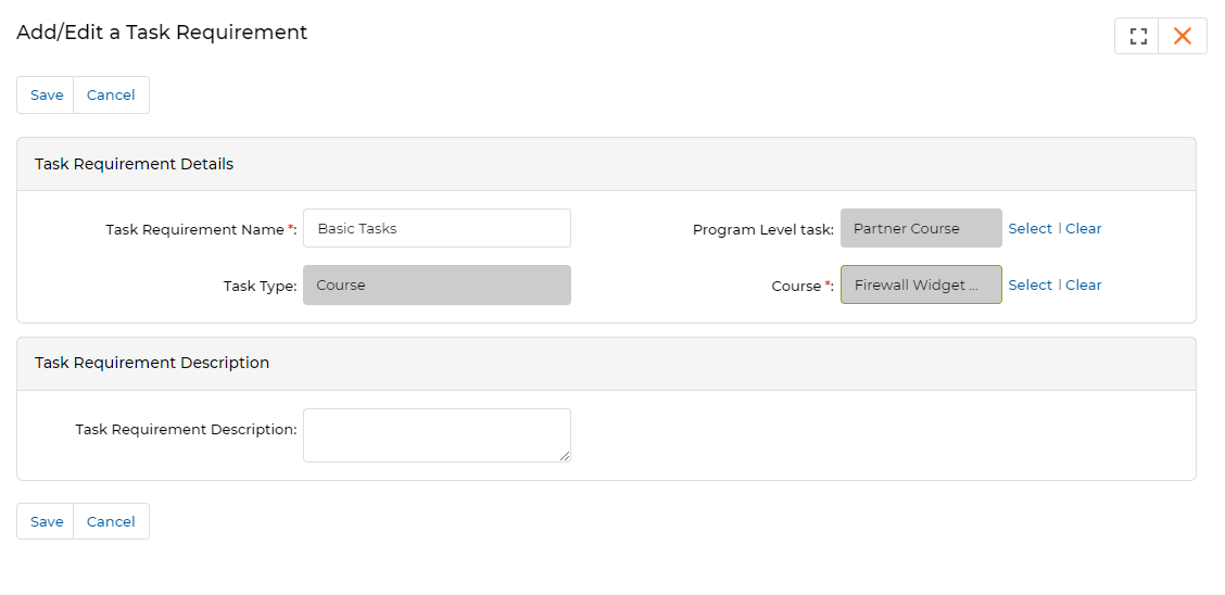 Course — View a Program Level Task page with Task Requirements related list