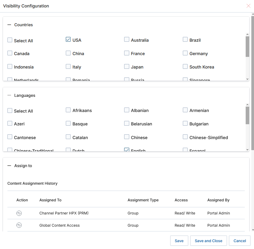 Visibility Configuration dialog showing Countries, Languages, and Assign To sections with Assignment History