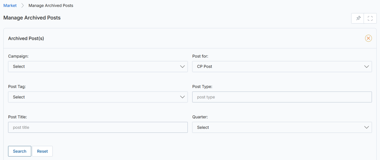 Archived Posts search filter panel showing Campaign, Post for (CP Post), Post Tag, Post Type, Post Title, and Quarter fields with Search and Reset buttons