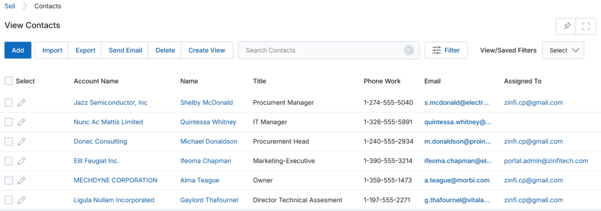 View Contacts list — Account Name, Name, Title, Phone, Email, and Assigned To columns