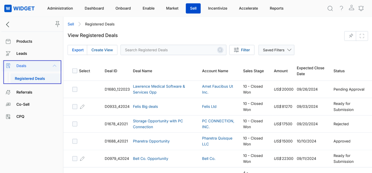 View Registered Deals — list showing Export, Create View, and Filter toolbar, with columns for Deal ID, Deal Name, Account Name, Sales Stage, Amount, Expected Close Date, and Status
