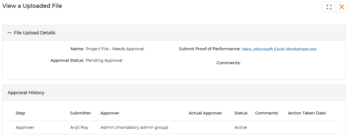 View a Uploaded File — Approval Status: Pending Approval; Approval History showing Arijit Roy as submitter, Admin (mandatory admin group) as approver, Status: Active
