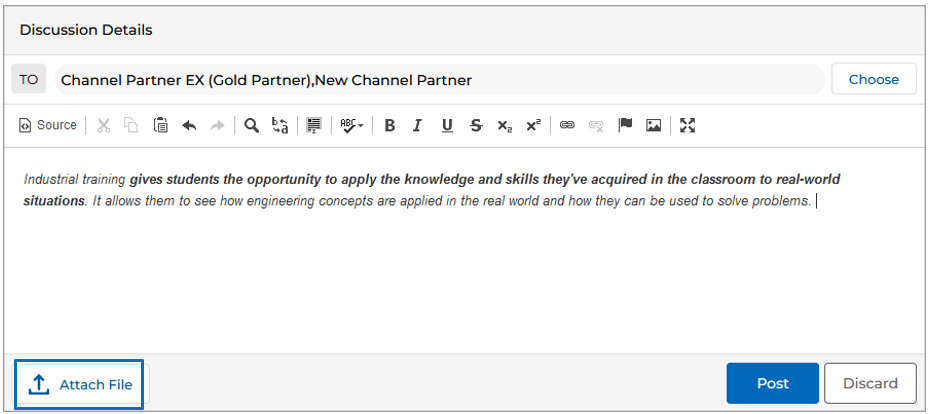 Discussion Details box with a recipient in the TO field, content in the rich-text editor, and the Attach File button highlighted