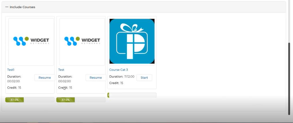 Include Courses section showing course tiles with Start and Resume buttons and progress bars