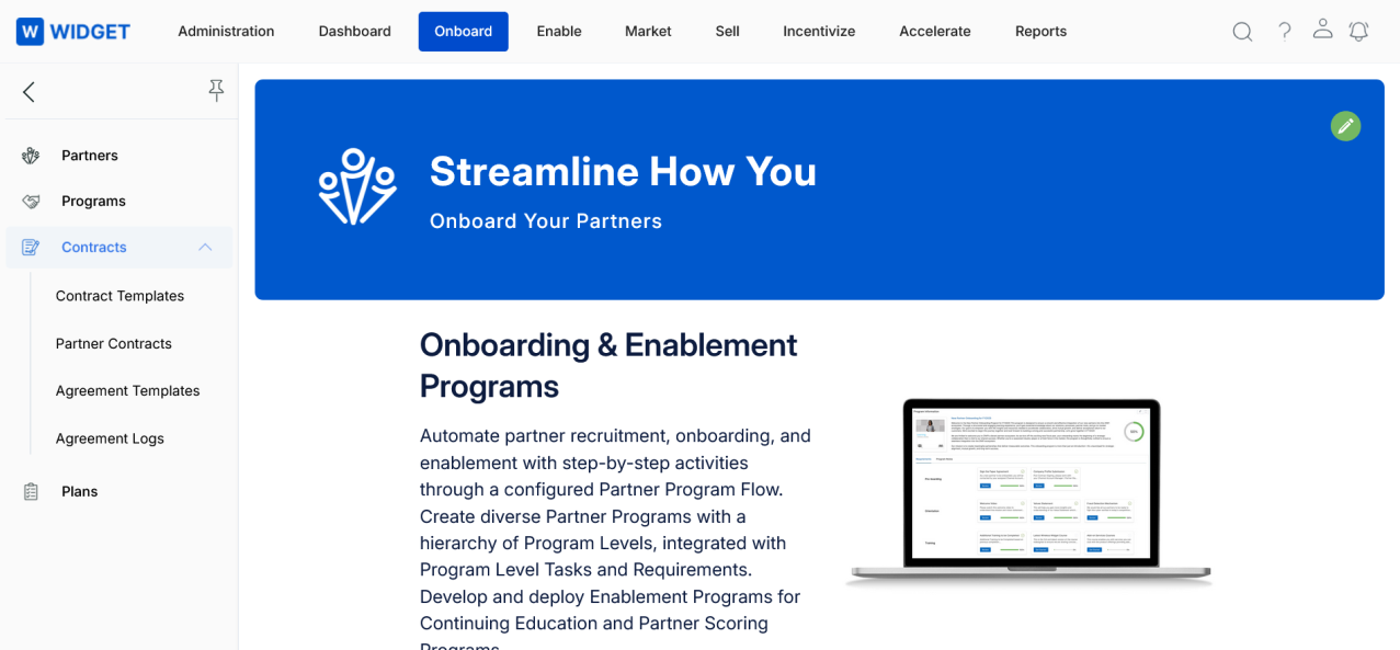 Onboard module — Contracts submenu showing Contract Templates, Partner Contracts, Agreement Templates, and Agreement Logs