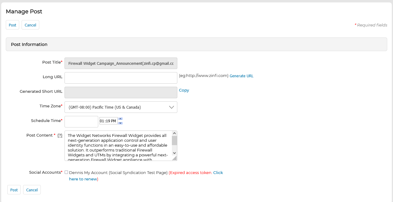Manage Post form — Post Title, Long URL, Generated Short URL, Time Zone, Scheduled Time, Post Content, and Social Accounts fields