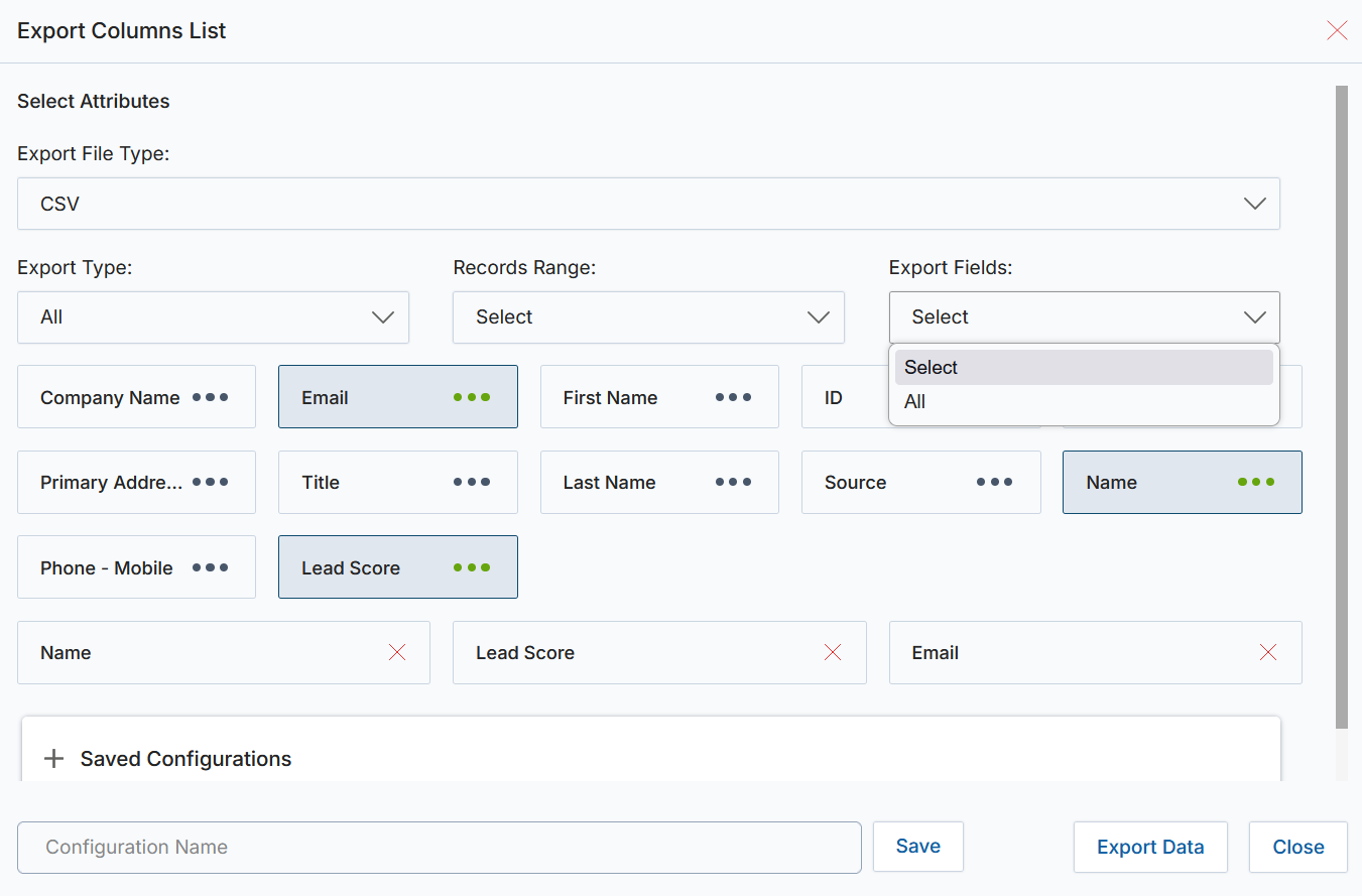 Export Columns List — field selection and export type
