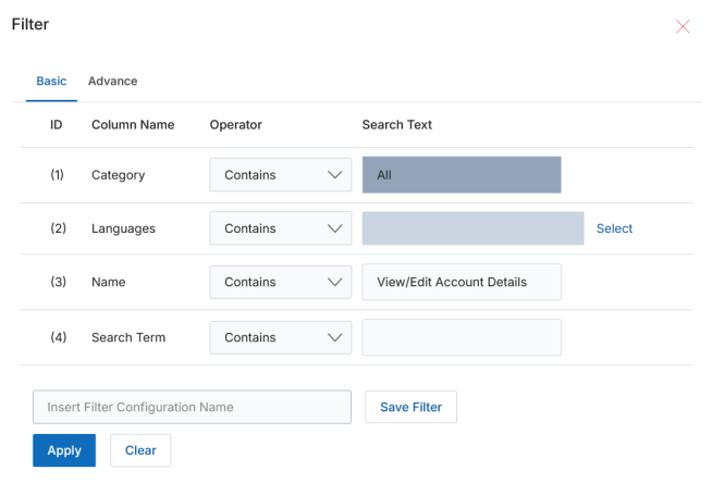 Filter dialog — Category, Languages, Name, and Search Term fields
