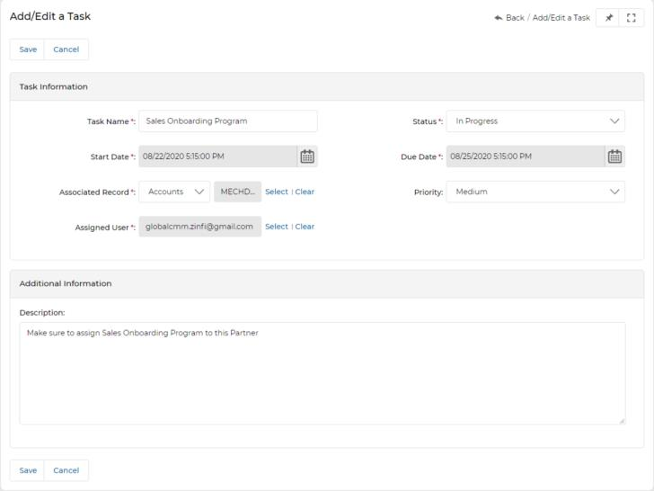 Add/Edit a Task form — Task Name, Status, Start/Due Date, Associated Record, Priority, Assigned User, and Description fields