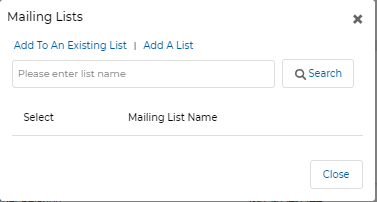Mailing Lists popup — Add To An Existing List | Add A List options with search