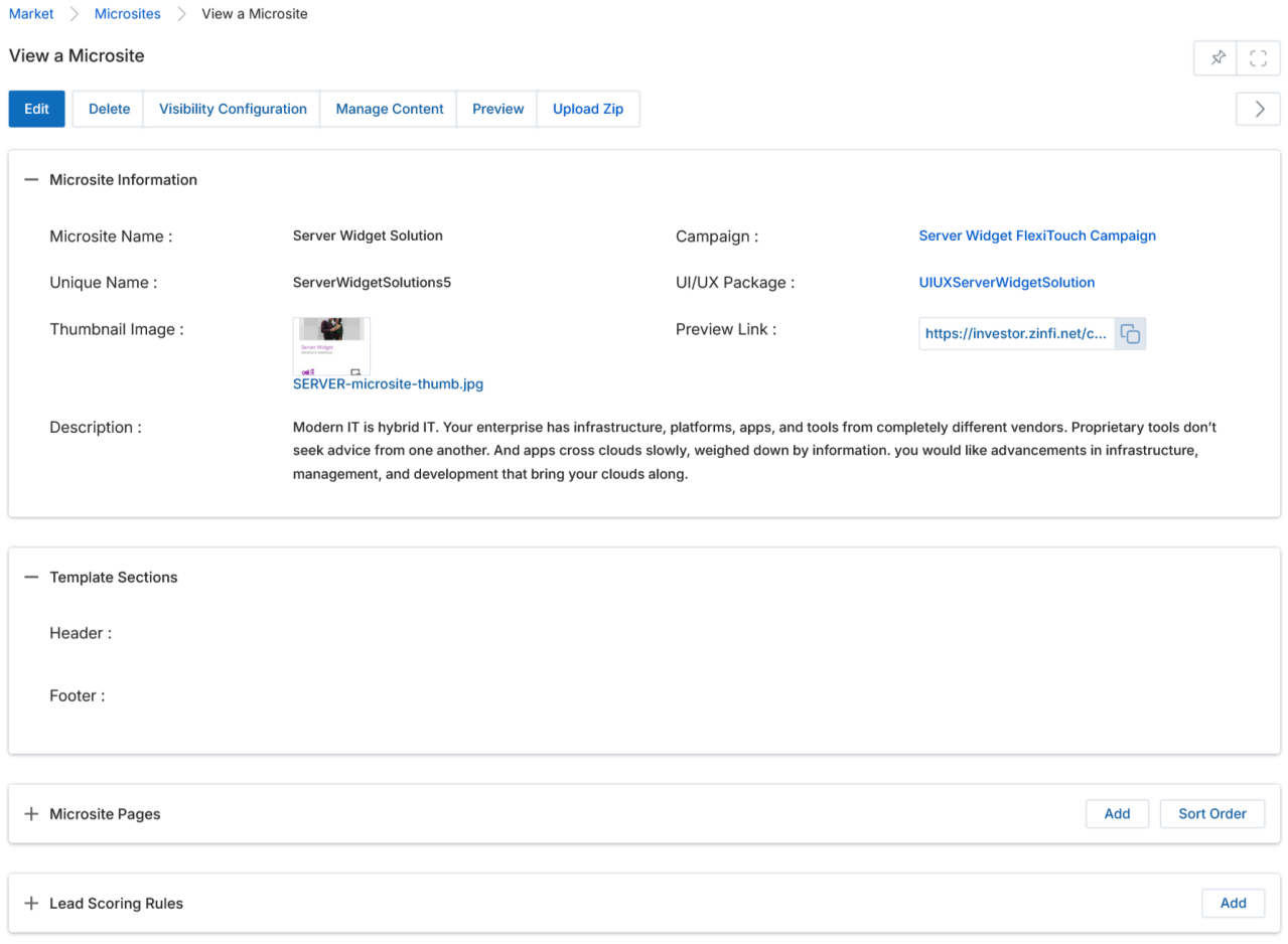View a Microsite — full detail page showing Microsite Information, Template Sections, Microsite Pages, and Lead Scoring Rules sections
