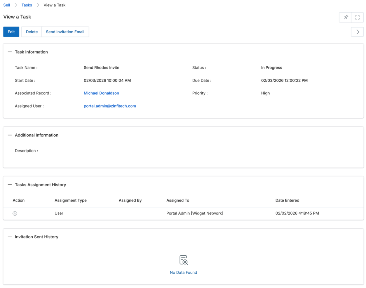 View a Task — Task Information section (Task Name: Send Rhodes Invite, Status: In Progress, Start Date, Due Date, Associated Record: Michael Donaldson, Priority: High, Assigned User: portal.admin@zinfitech.com), Additional Information (Description), Tasks Assignment History (Assignment Type: User, Assigned To: Portal Admin [Widget Network], Date Entered), Invitation Sent History (No Data Found)