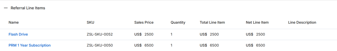 Referral Line Items section — columns: Name, SKU, Sales Price, Quantity, Total Line Item, Net Line Item, Line Description; example rows: Flash Drive (ZSL-SKU-0052) and PRM 1 Year Subscription (ZSL-SKU-0050)