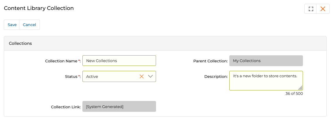Content Library Collection creation page with Collection Name New Collections, Status Active, Parent Collection My Collections, Description Its a new folder to store contents