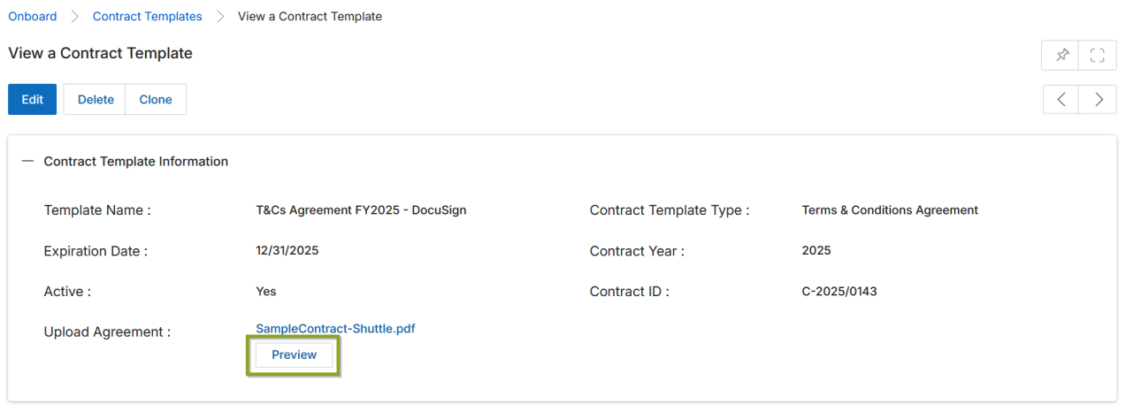 View a Contract Template — Preview button visible next to the uploaded contract filename
