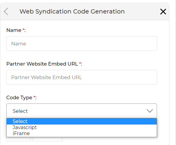 Web Syndication Code Generation panel showing Name field, Partner Website Embed URL field, and Code Type dropdown with JavaScript and iFrame options