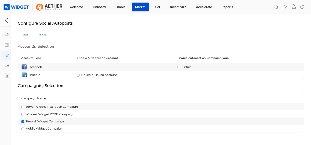 Configure Social Autoposts — Account(s) Selection and Campaign(s) Selection with no selections active