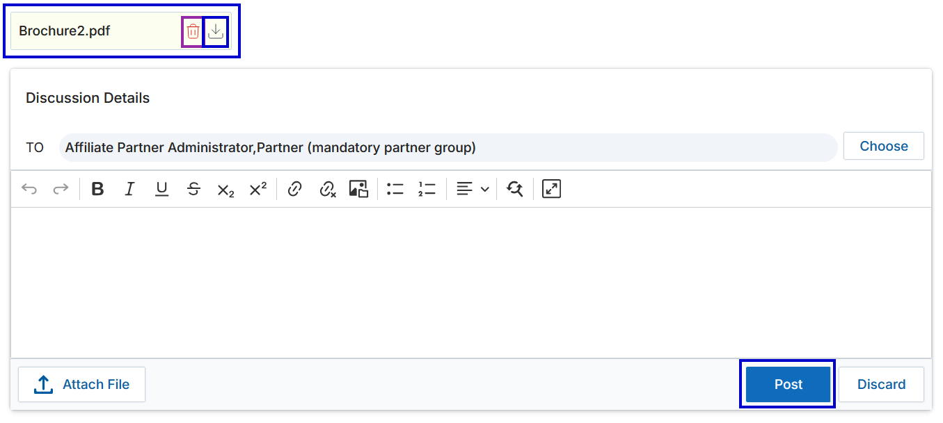 Post with attached PDF file (Brochure2.pdf) shown with Bin and Download icons, ready to publish