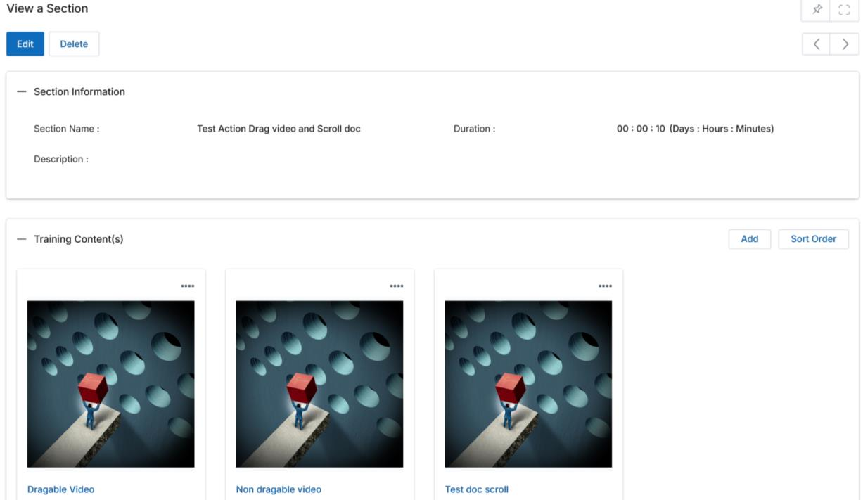 View a Section page showing Training Content(s) with three material tiles: Dragable Video, Non dragable video, and Test doc scroll