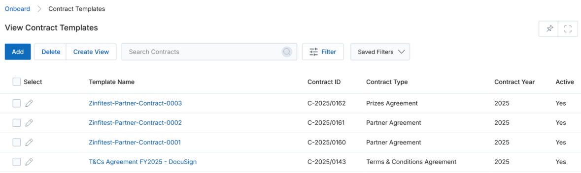View Contract Templates — list of templates with Contract ID, Contract Type, Contract Year, and Active status columns