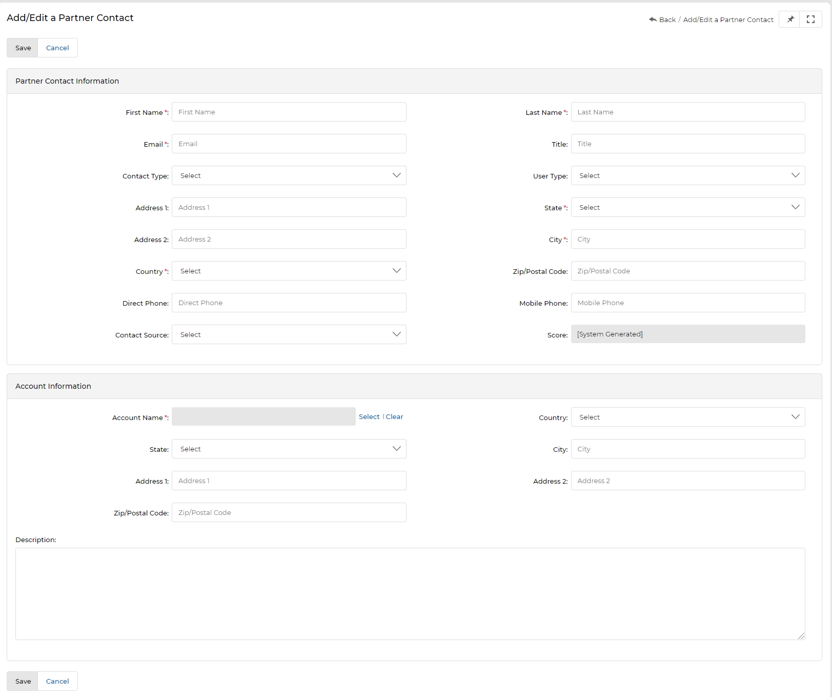 Add/Edit a Partner Contact form — Partner Contact Information and Account Information sections