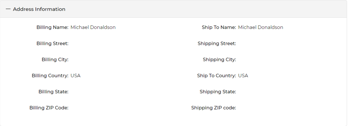 Address Information section of View Sales Order showing billing and shipping fields