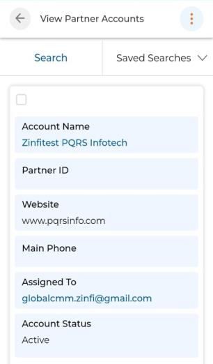 View Partner Account detail showing Partnership Information: Account Name, Account Status, Address fields, Country, State/Province, City, Zip