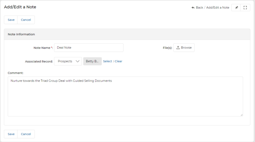 Add/Edit a Note form — Note Name, Associated Record, File attachment, and Comment fields