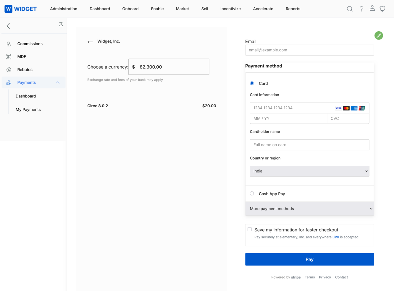Stripe payment gateway screen showing currency selection, product line item, email field, Payment method options including Card with card number, expiry, CVC, cardholder name, country, Cash App Pay, and a blue Pay button