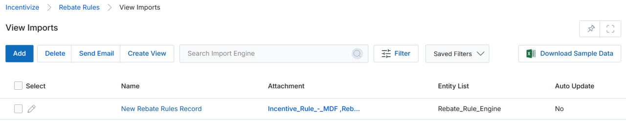 View Imports page showing one uploaded record: New Rebate Rules Record, attachment Incentive_Rule_-_MDF,Reb..., Entity List Rebate_Rule_Engine, Auto Update No