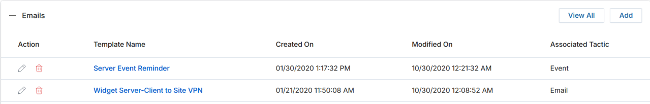 View an Email Template page with Edit, Visibility Configuration, Manage Content and Upload Zip action buttons