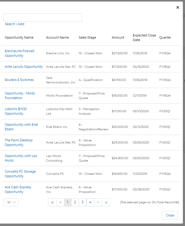 Quote lookup picker showing Quote Name, Quote Number, Account Name, Grand Total, and Status columns