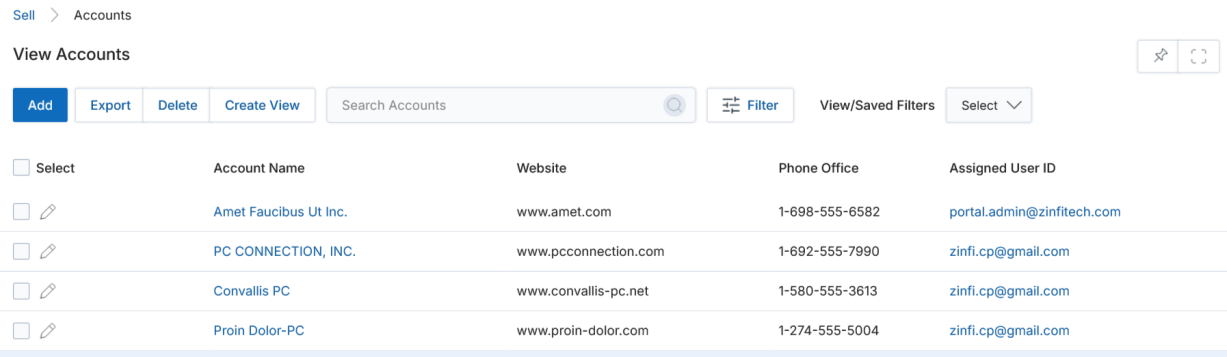 Account search filter — Account Name, Annual Revenue, Industry, Phone Office, Website