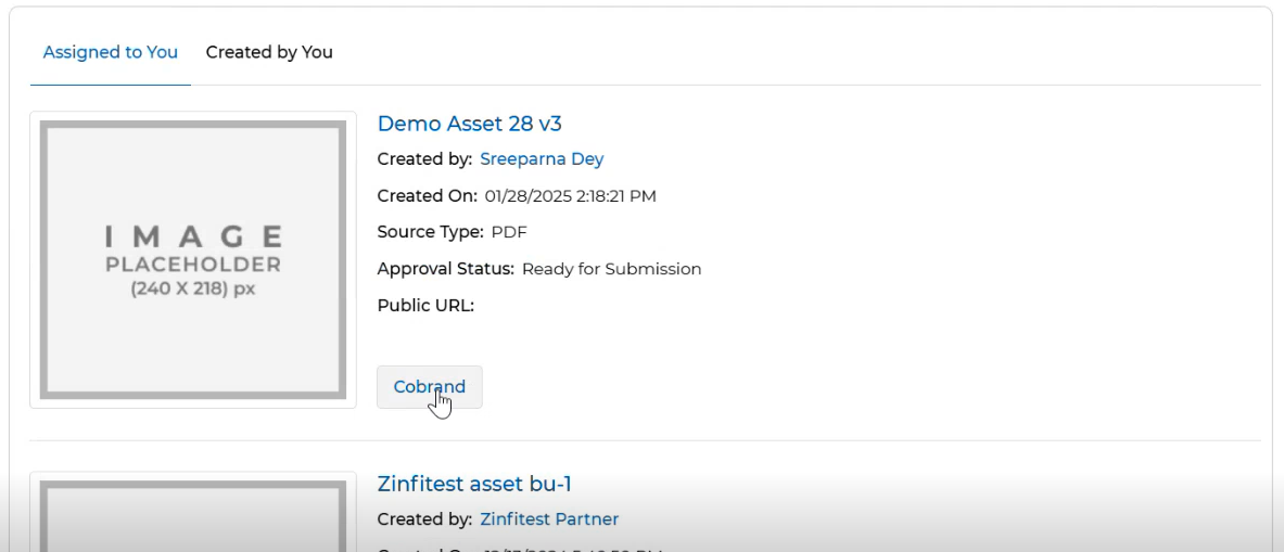 Assigned to You tab listing Demo Asset 28 v3 with Cobrand button