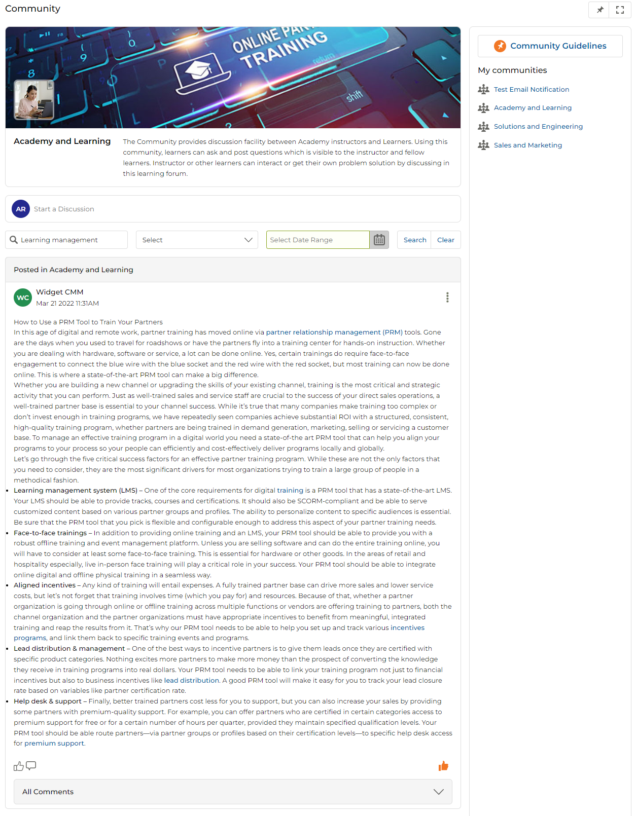 Community page showing filtered results when 'Learning management' is entered in the Search Post field