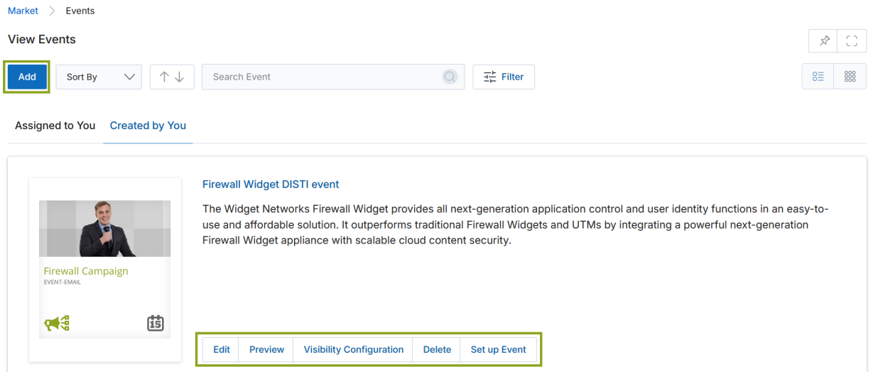View Events — action buttons (Add, Edit, Preview, Visibility Configuration, Delete, Set up Event) highlighted