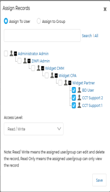 Assign Records — Assign To User tab showing user hierarchy tree and Access Level dropdown