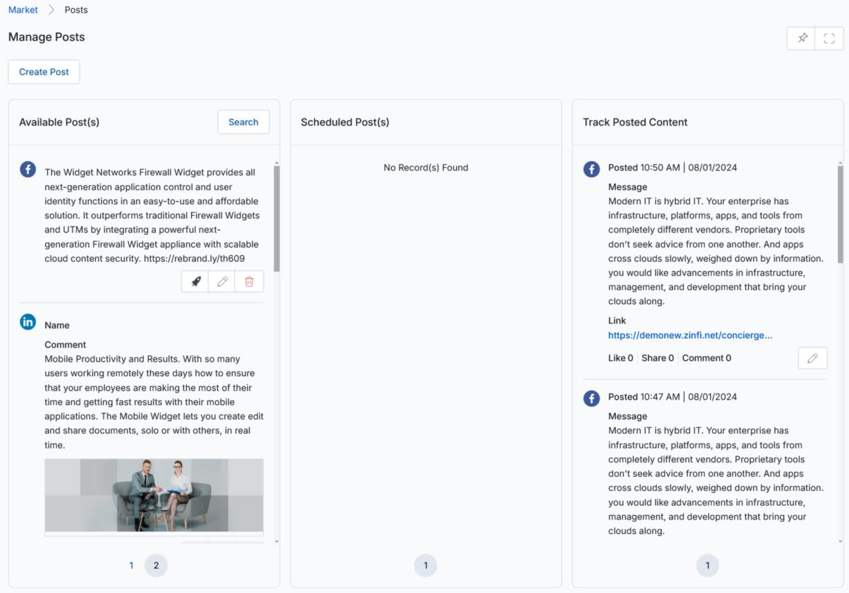 Manage Posts page showing three-column layout: Available Posts with two example posts, Scheduled Posts showing No Records Found, and Track Posted Content showing two Facebook posts with message, link, and engagement data