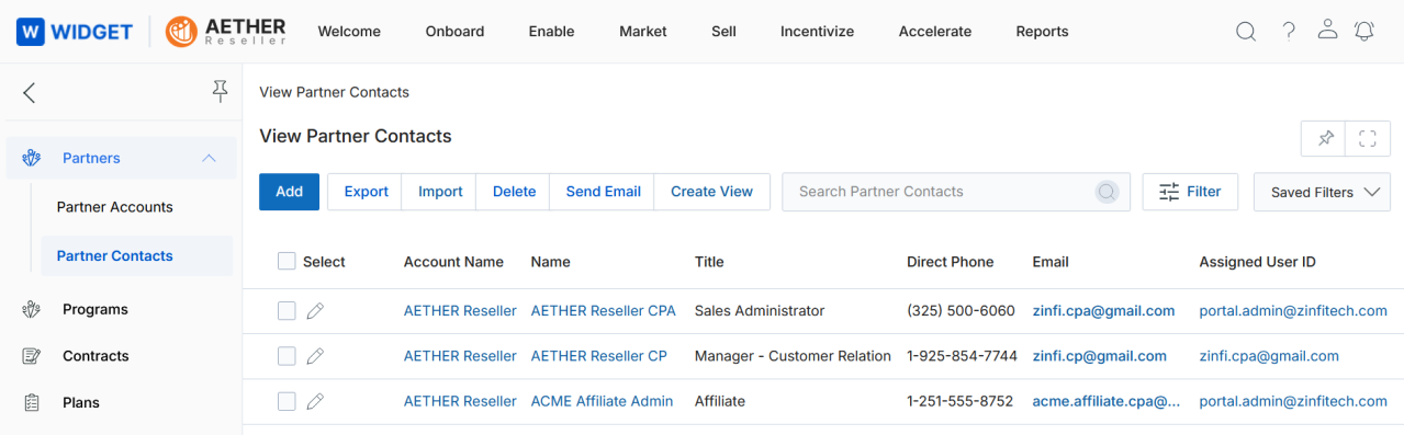 View Partner Contacts — Add, Export, Import, Delete, Send Email, Create View toolbar with contact grid