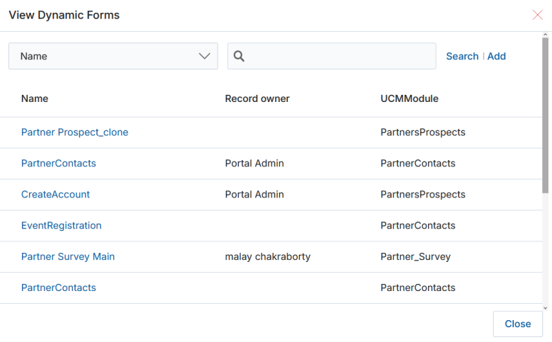 View Dynamic Forms popup — list of available forms with Record Owner and UCMModule columns