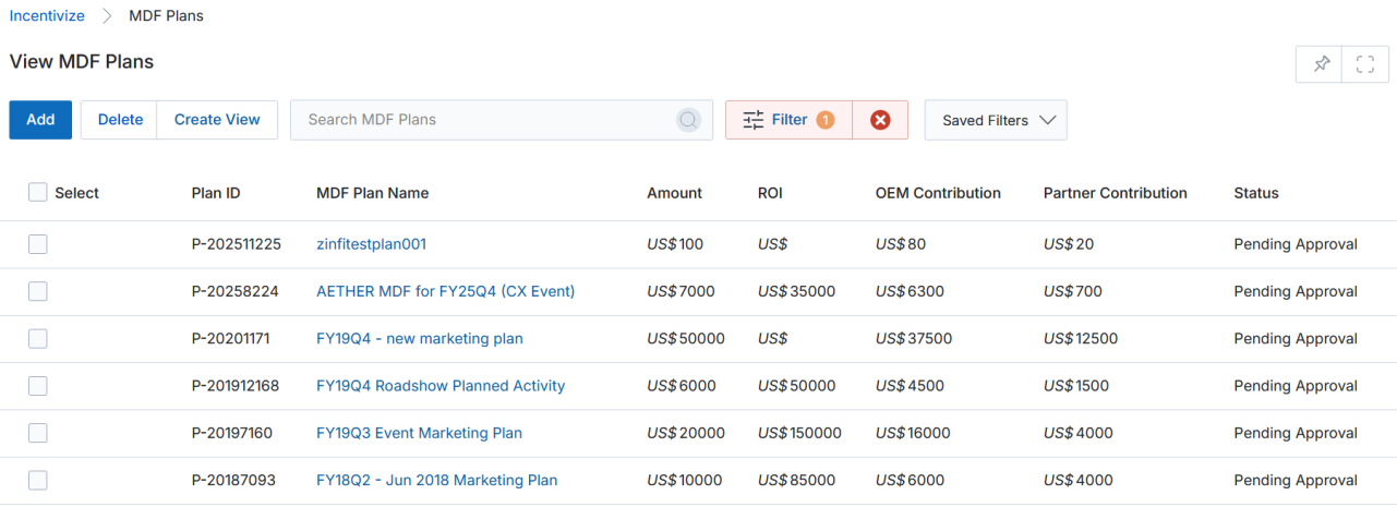 View MDF Plans listing showing multiple plans with Pending Approval status