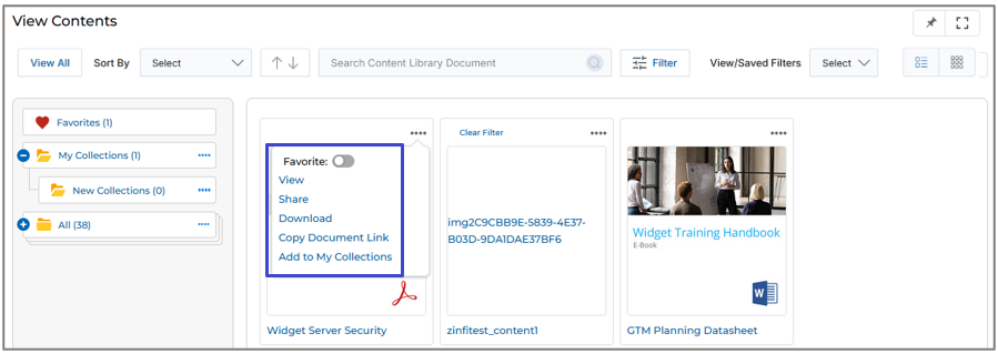 Thumb View showing Widget Server Security card with three-dot menu expanded showing Favorite, View, Share, Download, Copy Document Link, Add to My Collections options