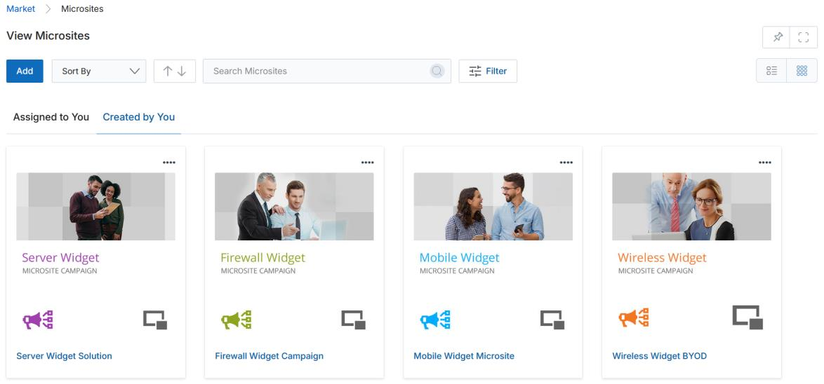 Thumb View mode — four microsite cards displayed in a grid: Server Widget, Firewall Widget, Mobile Widget, Wireless Widget