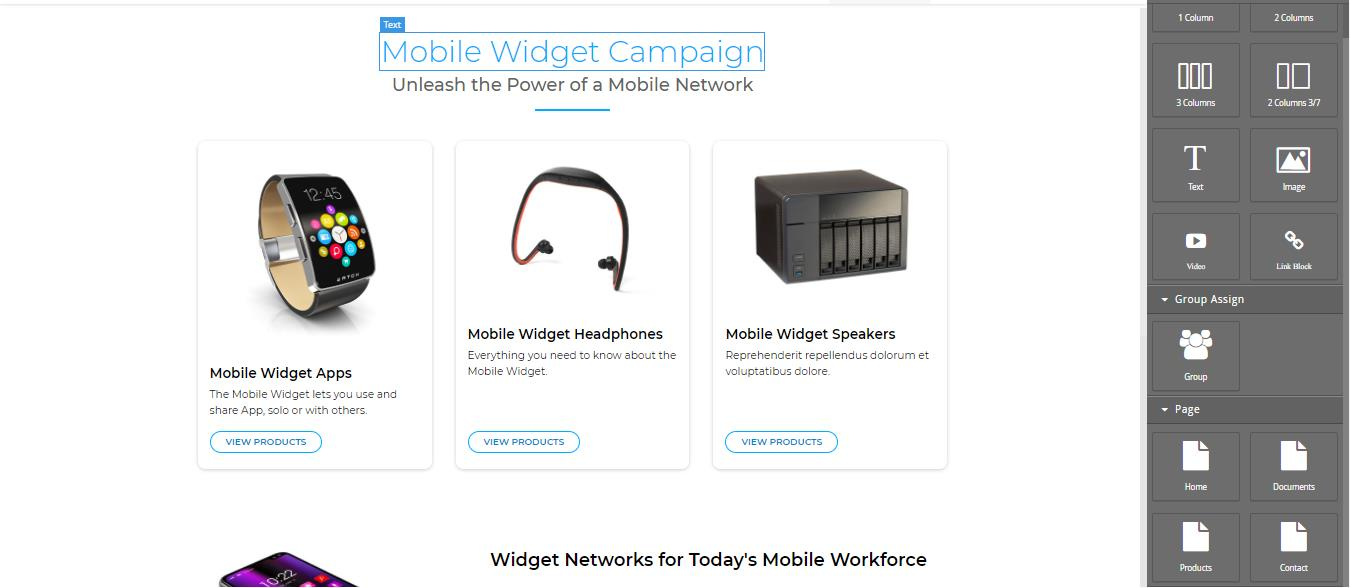 Contact page in CMS Editor — Demo Form integrated with prospect capture fields (Name, Email, Company, Title, Mobile Phone, Address, Country), Save button highlighted