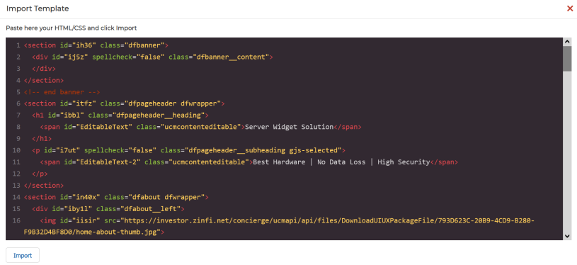 Import Template window — paste HTML/CSS code and click Import to render the template
