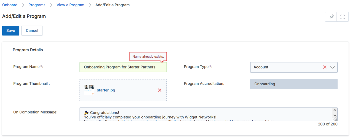 Add/Edit a Program — error shown when a duplicate name is entered during clone