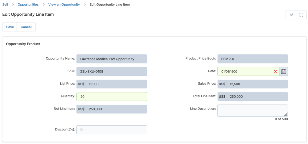 Edit Opportunity Line Item — 10% Discount applied, Net Line Item=225000